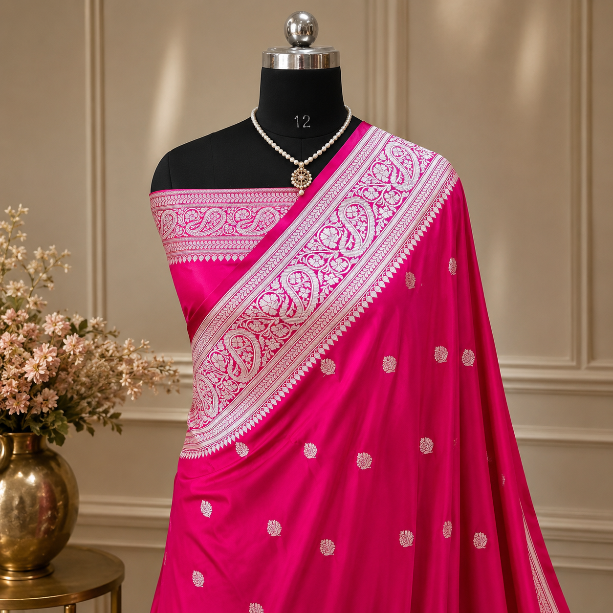 Pink Mashru Silk Saree with Silver Zari Paisley Border