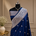 Royal Navy Blue Mashru Silk Saree with Silver Zari Paisley Border