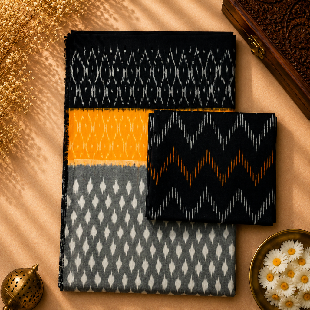 Pochampally Ikkat Cotton Saree – Charcoal Grey, Black & Mustard Yellow Handwoven Elegance
