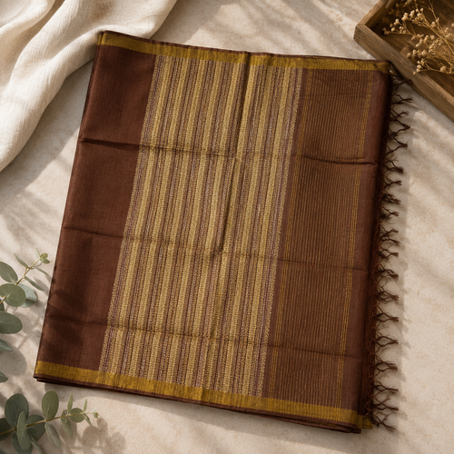 Earthwood Brown Pure Kosa Silk Saree