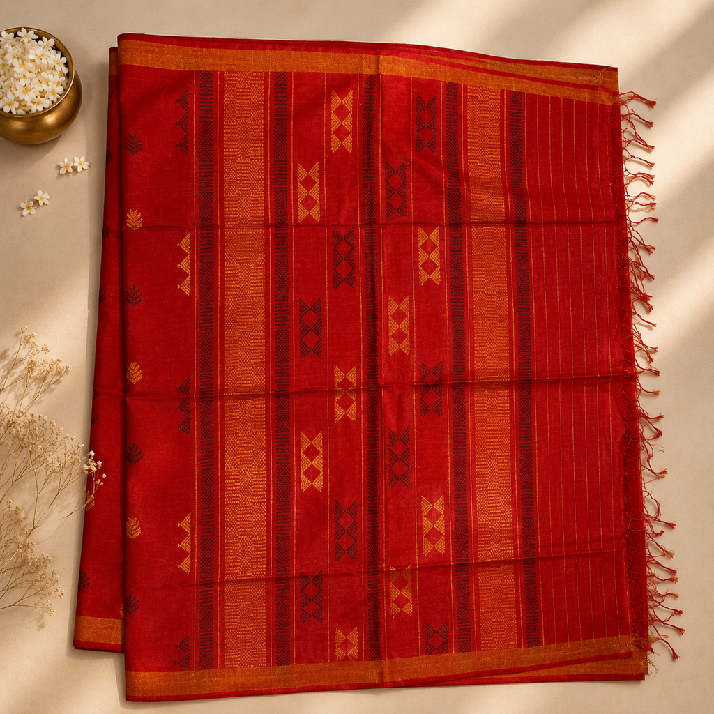 Red Pure Tussar Silk Saree – Handwoven Heritage Elegance