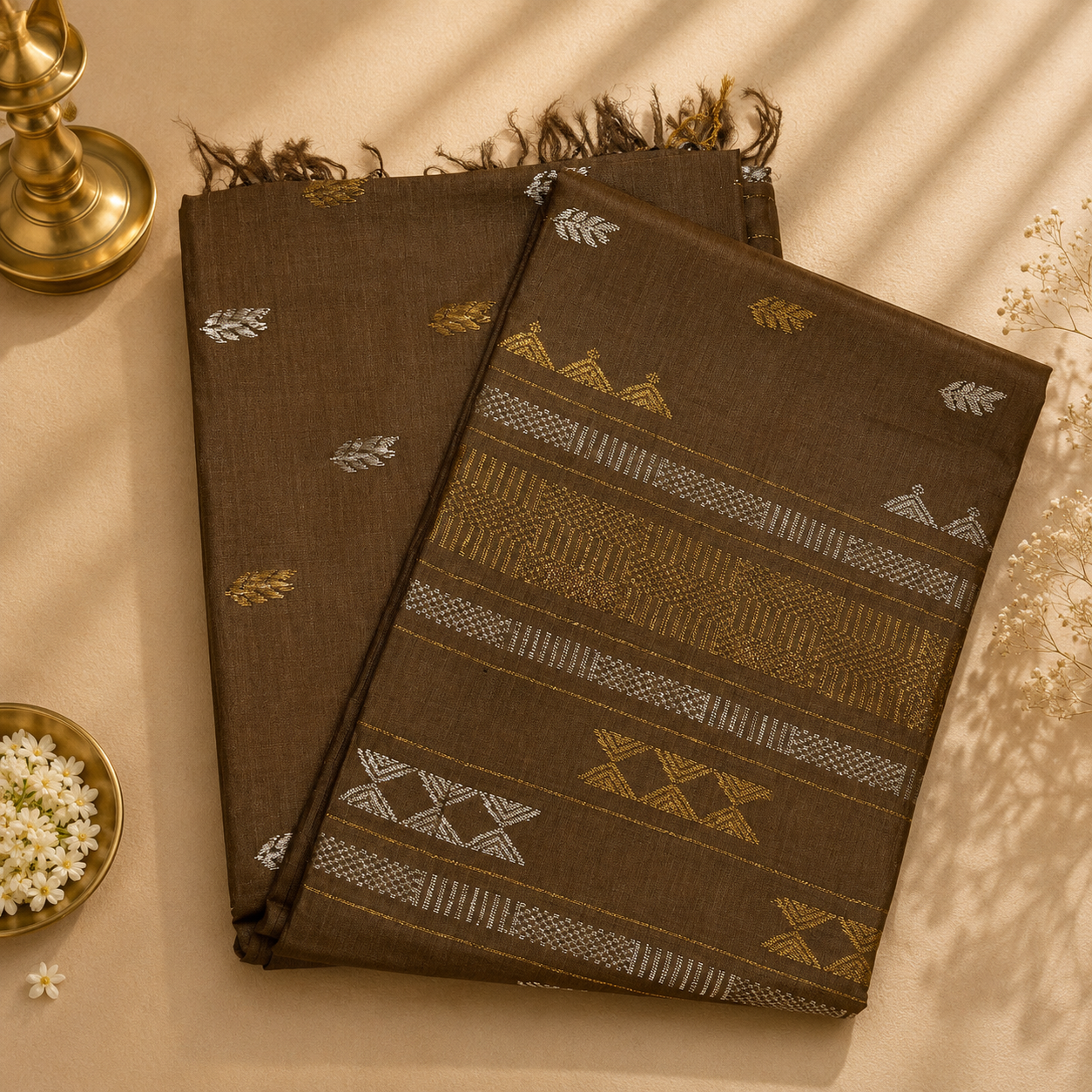 Earthy Brown Pure Tussar Silk Saree with Dual-Tone Woven Motifs