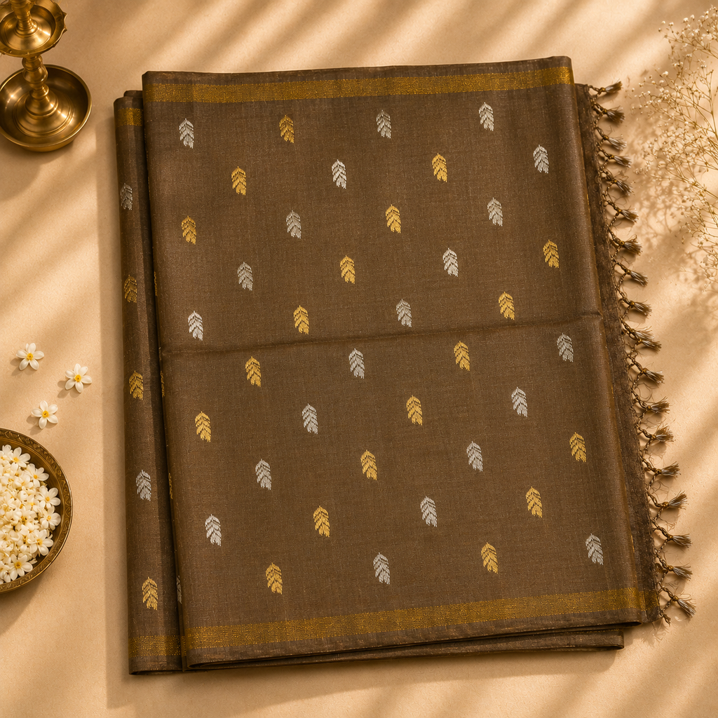 Earthy Brown Pure Tussar Silk Saree with Dual-Tone Woven Motifs