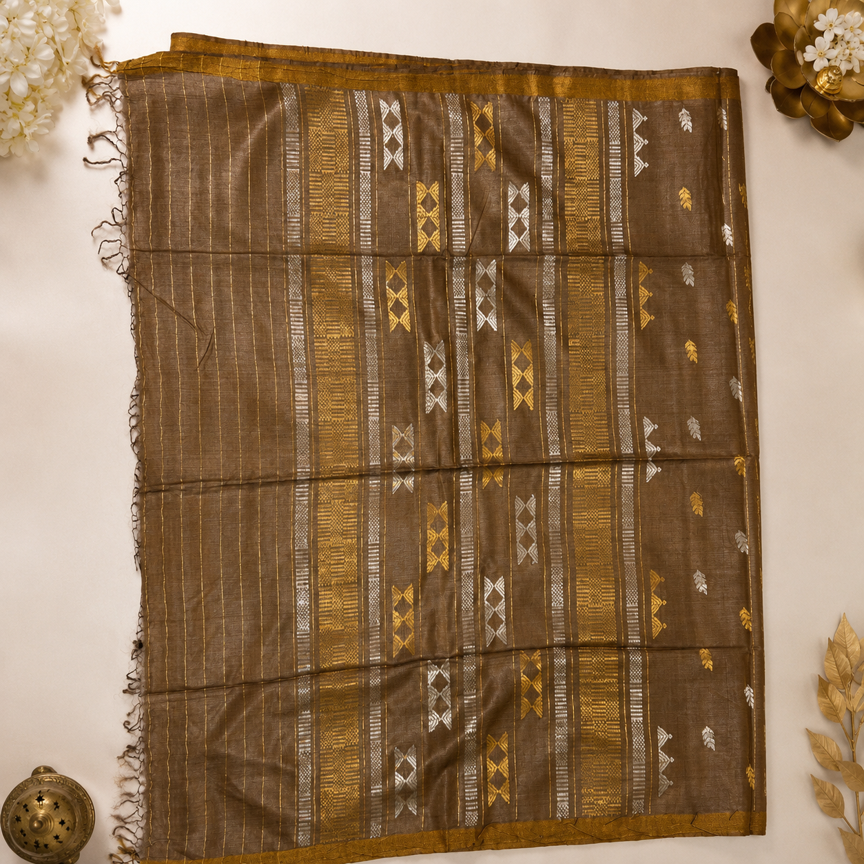 Earthy Brown Pure Tussar Silk Saree with Dual-Tone Woven Motifs