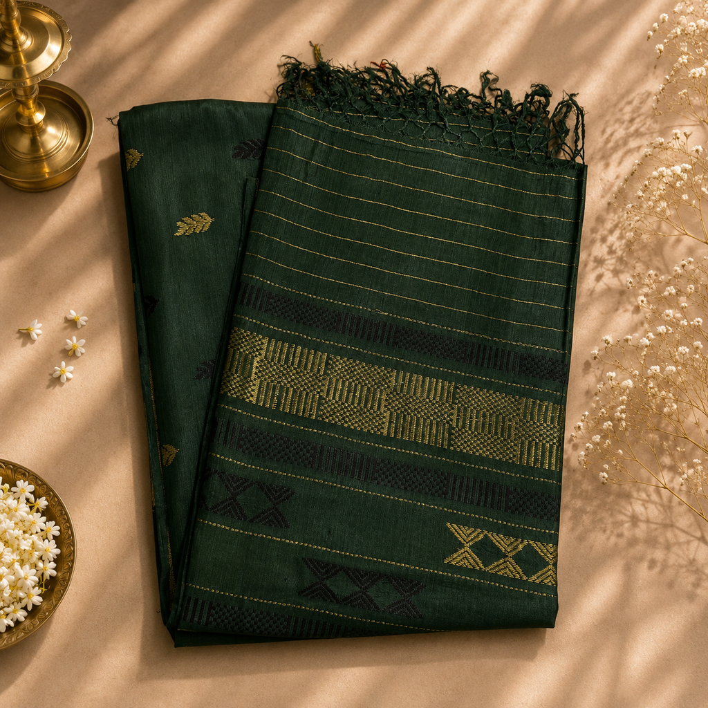 Emerald Grace Pure Tussar Silk Saree – Green with Golden Booti
