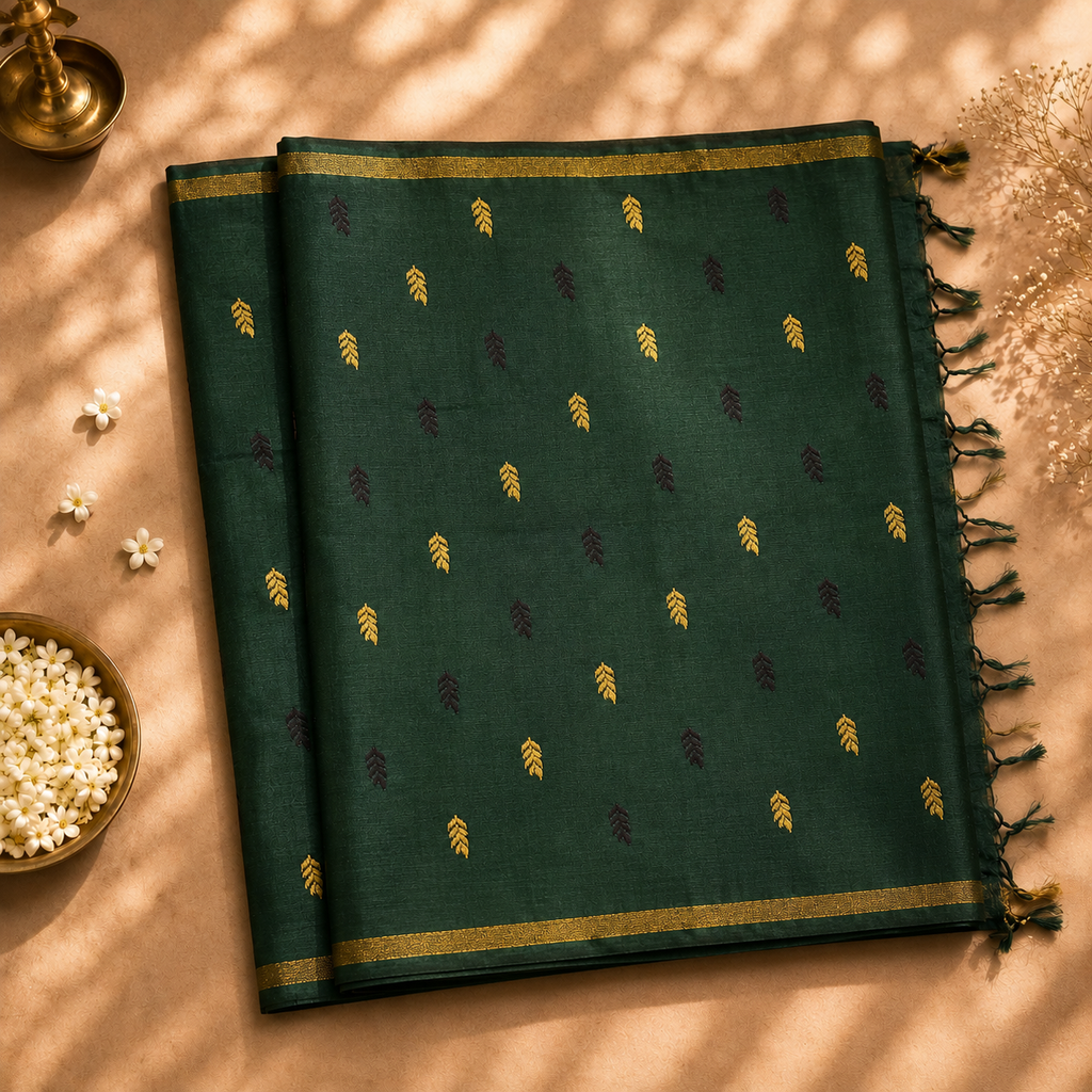 Emerald Grace Pure Tussar Silk Saree – Green with Golden Booti