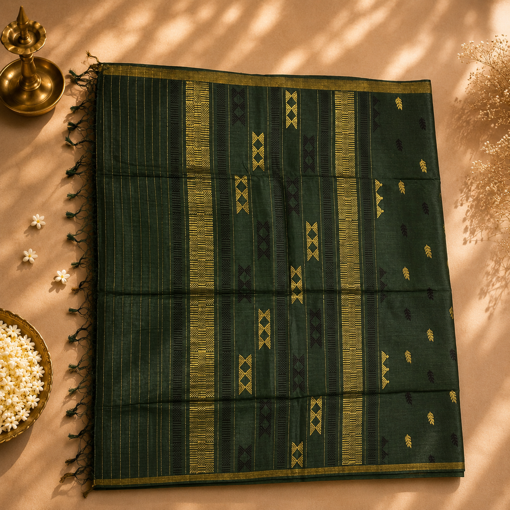 Emerald Grace Pure Tussar Silk Saree – Green with Golden Booti