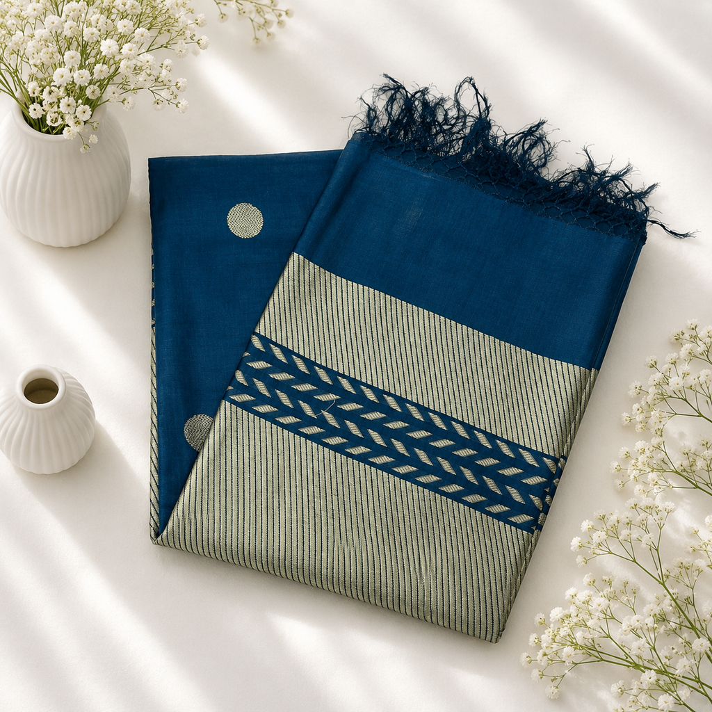 Midnight Blue Pure Kosa Silk Saree – Handwoven Timeless Elegance