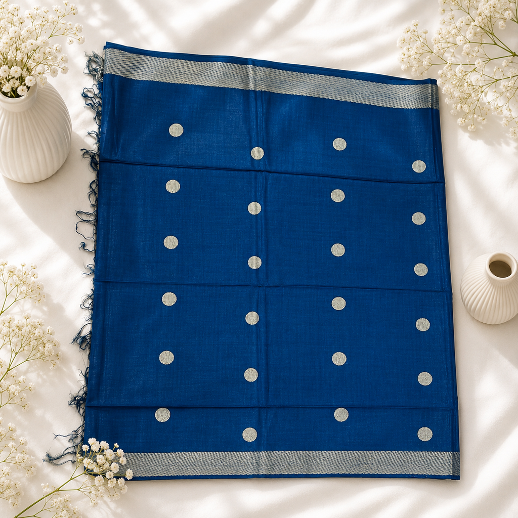 Midnight Blue Pure Kosa Silk Saree – Handwoven Timeless Elegance