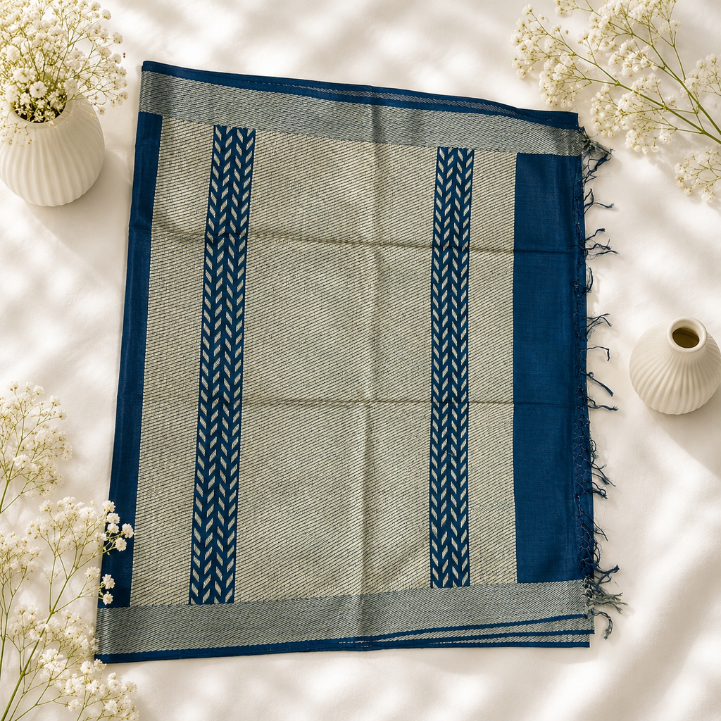 Midnight Blue Pure Kosa Silk Saree – Handwoven Timeless Elegance