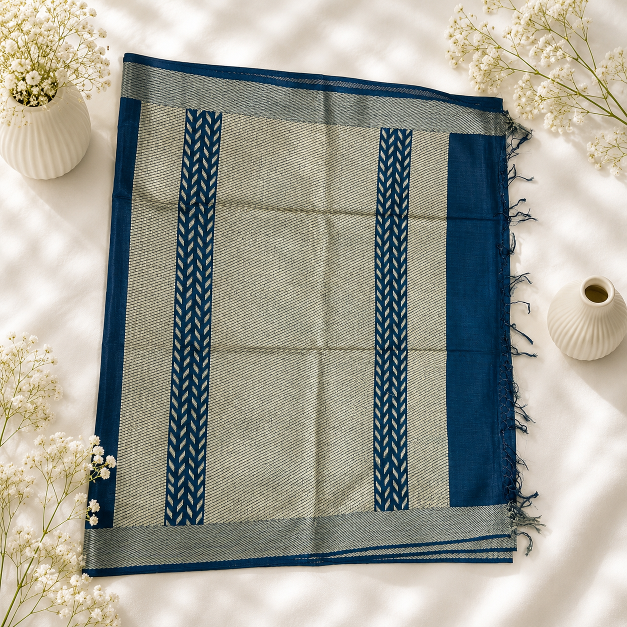 Midnight Blue Pure Kosa Silk Saree – Handwoven Timeless Elegance