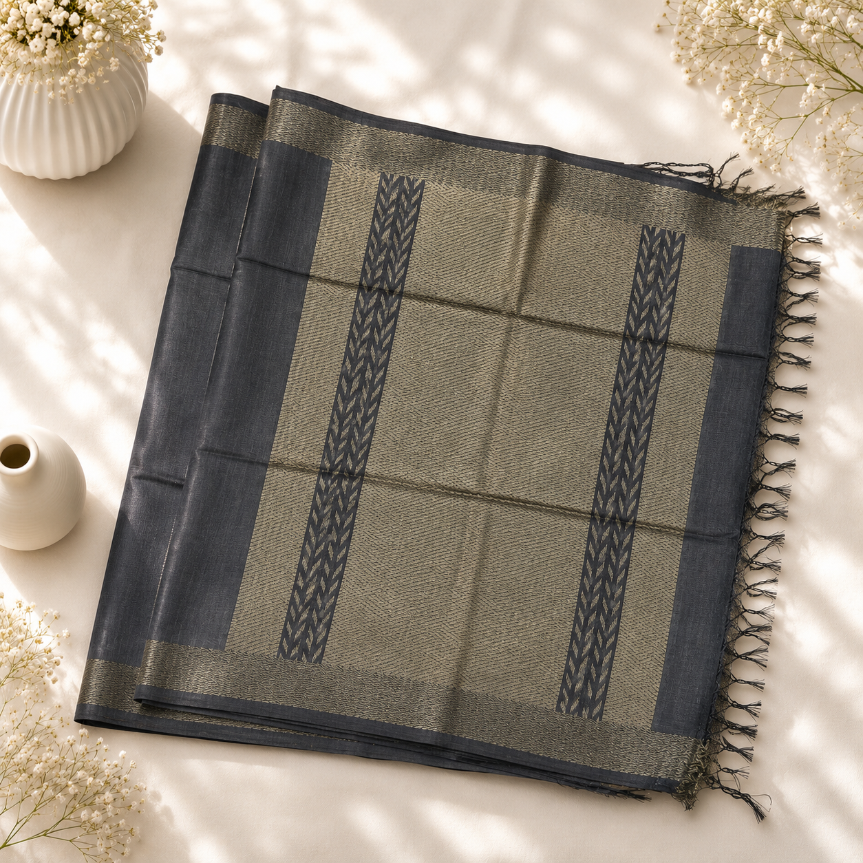 Slaty Grey Pure Kosa Silk Saree – Handwoven Contemporary Elegance