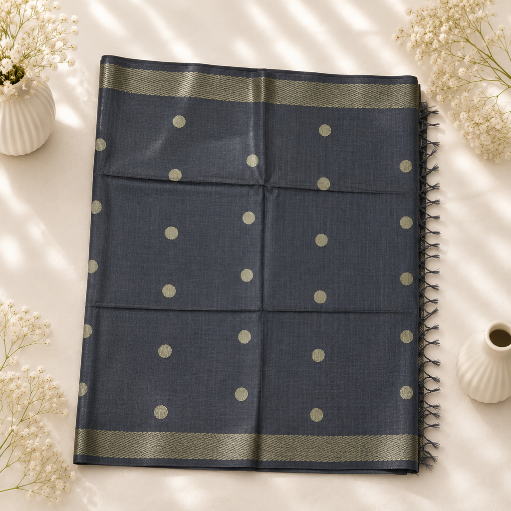 Slaty Grey Pure Kosa Silk Saree – Handwoven Contemporary Elegance