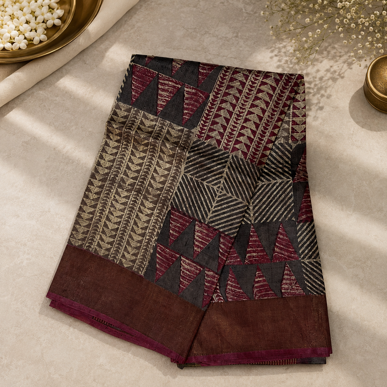Geometric Harmony Pure Kosa Silk Saree