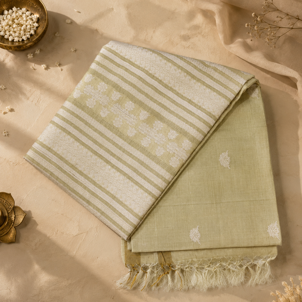 Pearl Cream Pure Kosa Silk Saree with Elegant Woven Stripes