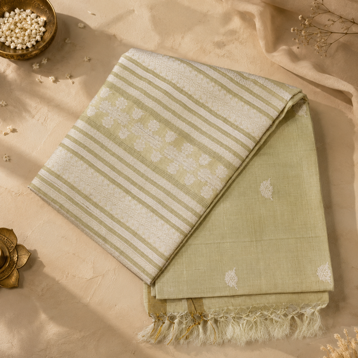 Pearl Cream Pure Kosa Silk Saree with Elegant Woven Stripes