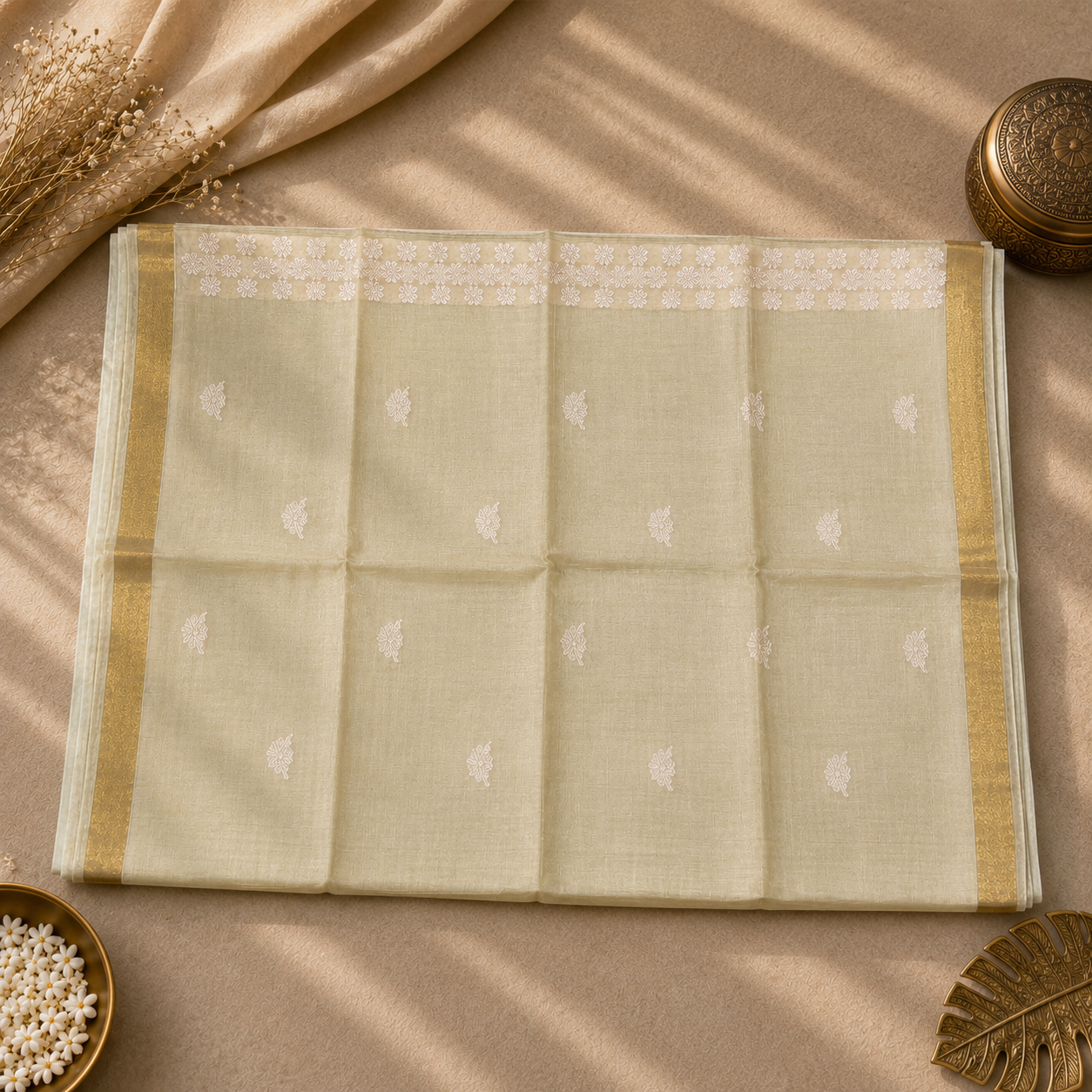 Pearl Cream Pure Kosa Silk Saree with Elegant Woven Stripes