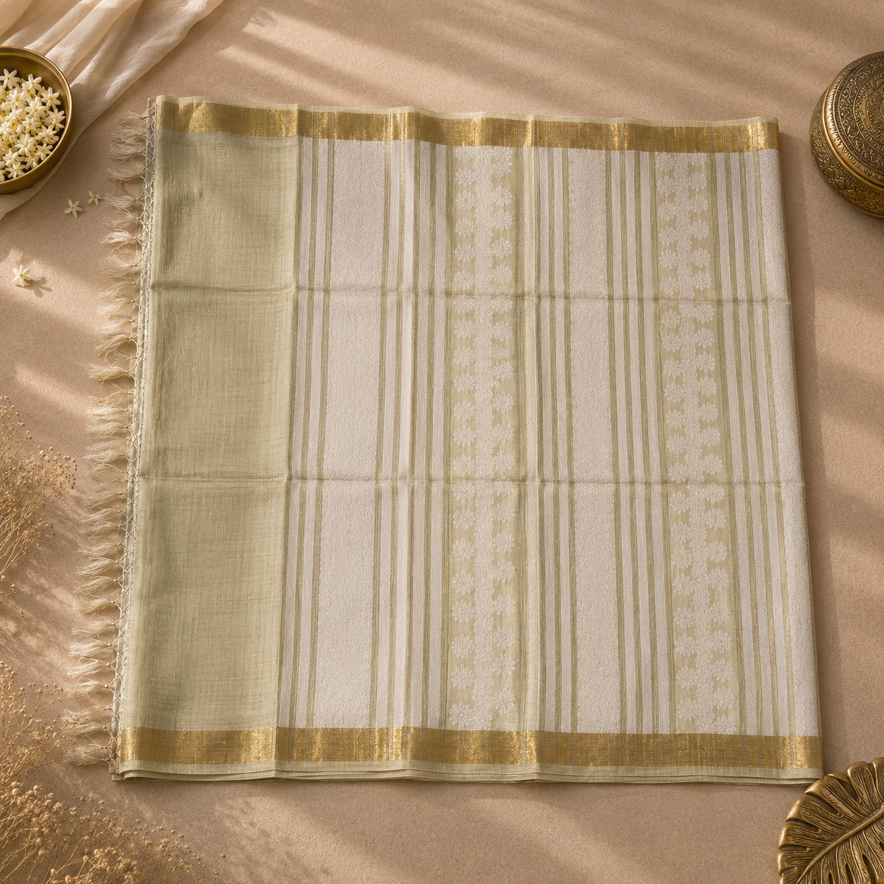 Pearl Cream Pure Kosa Silk Saree with Elegant Woven Stripes