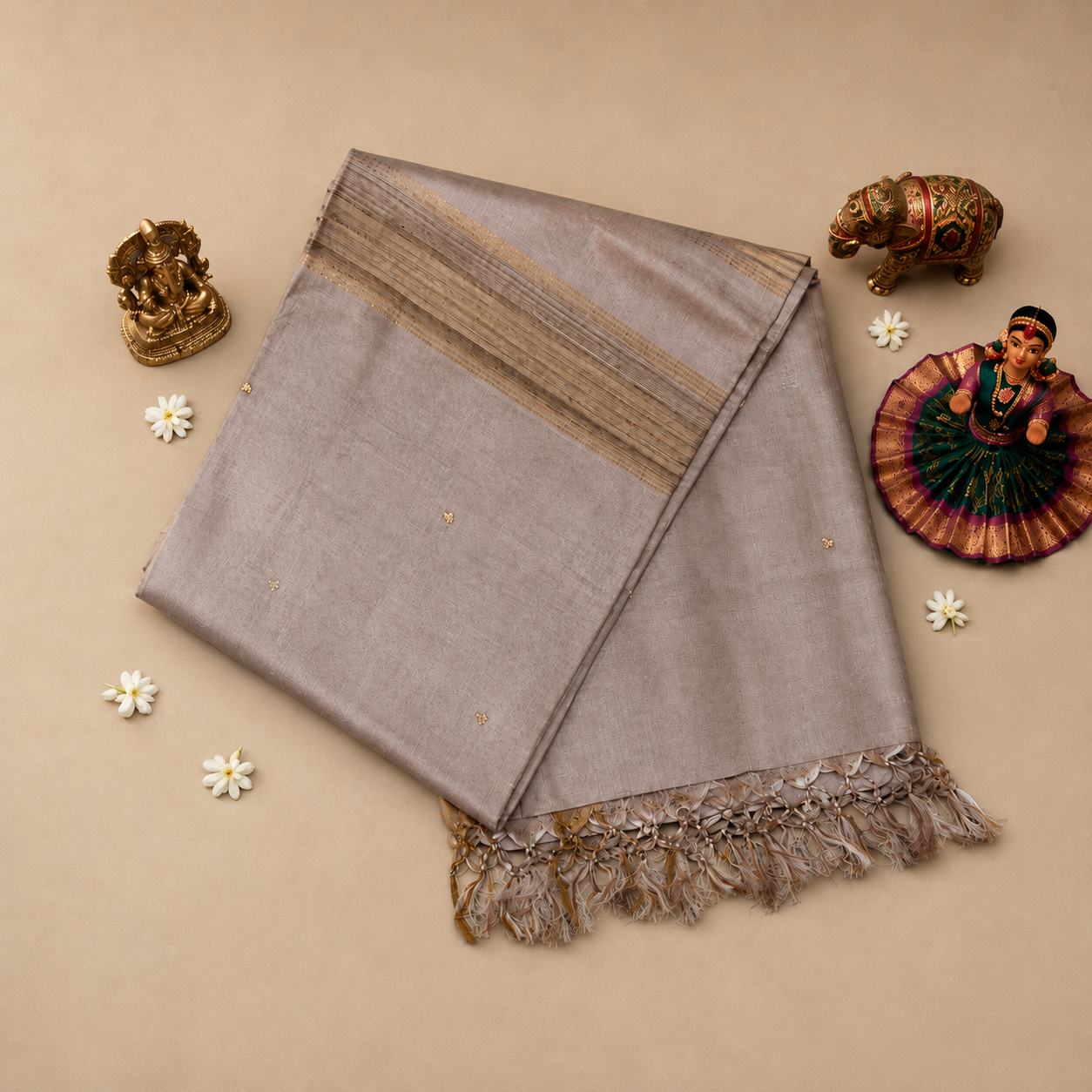 Mauve Mist Pure Kosa Silk Saree with Delicate Golden Buti