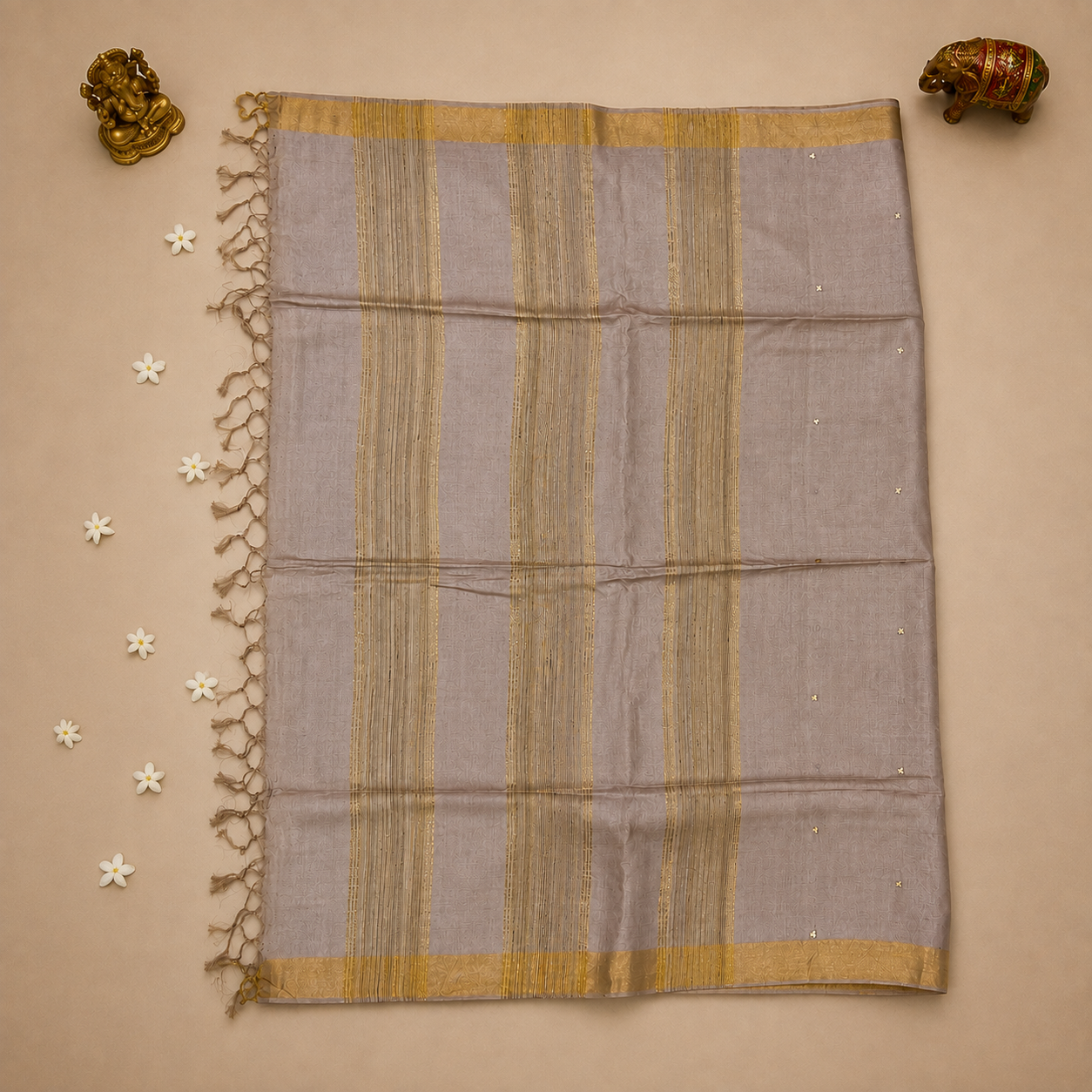 Mauve Mist Pure Kosa Silk Saree with Delicate Golden Buti