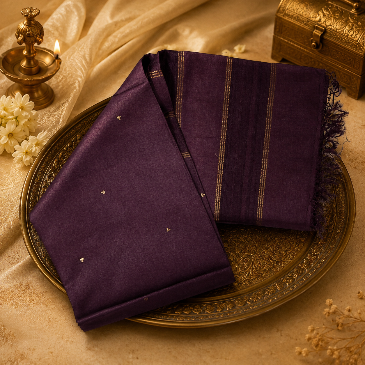 Wine Elegance Pure Kosa Silk Saree with Delicate Golden Buti
