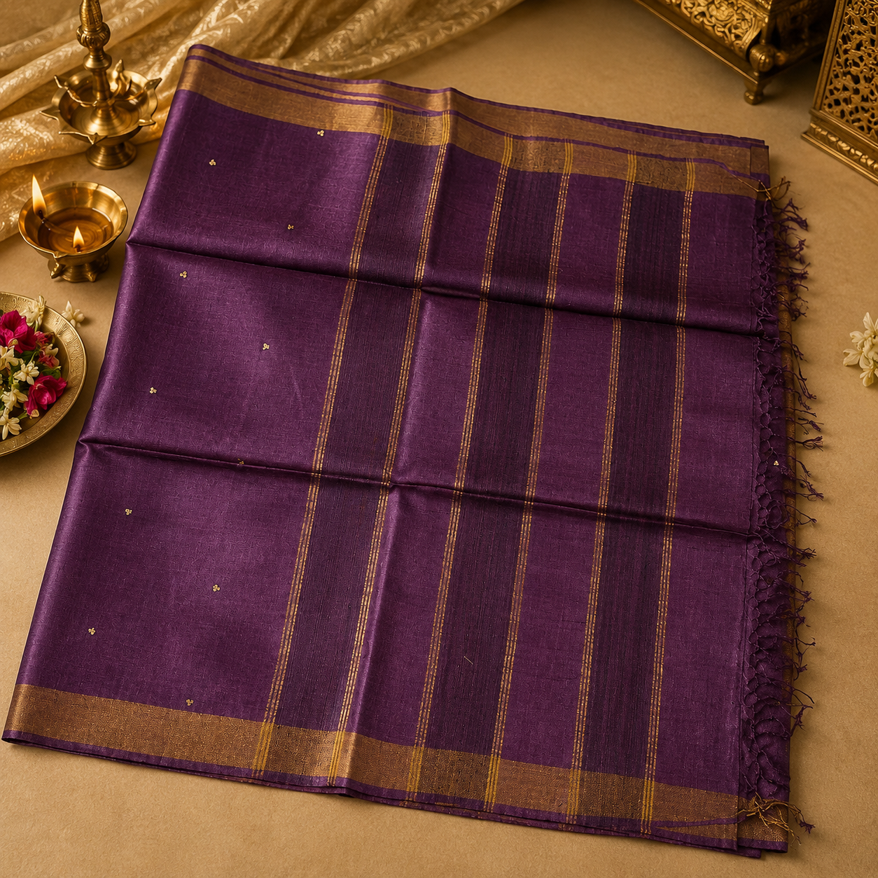 Wine Elegance Pure Kosa Silk Saree with Delicate Golden Buti