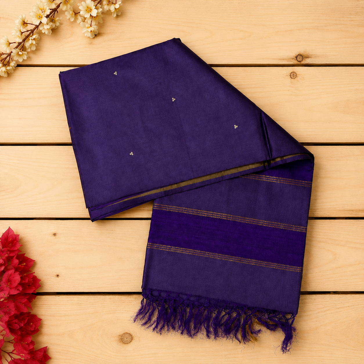 Amethyst Grace Pure Kosa Silk Saree in Dark Purple with Golden Accents