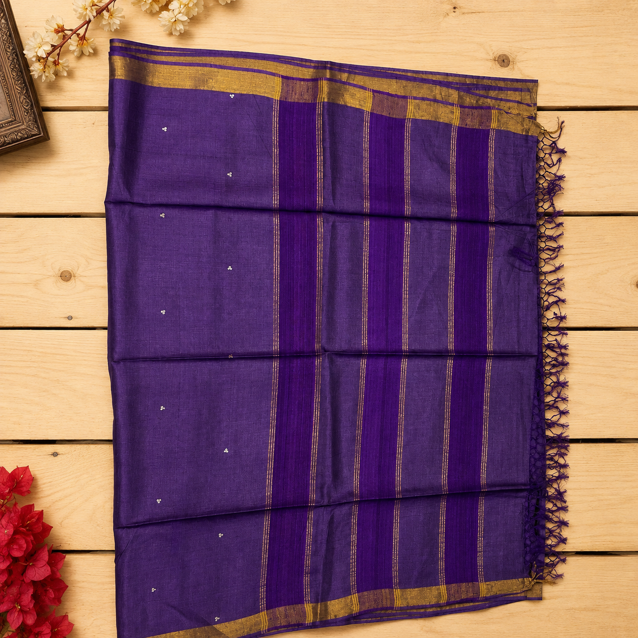 Amethyst Grace Pure Kosa Silk Saree in Dark Purple with Golden Accents