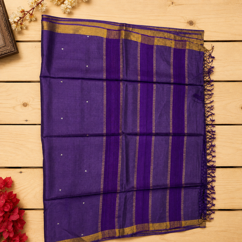 Amethyst Grace Pure Kosa Silk Saree in Dark Purple with Golden Accents