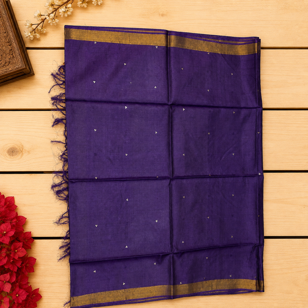 Amethyst Grace Pure Kosa Silk Saree in Dark Purple with Golden Accents