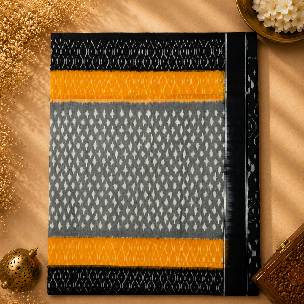 Pochampally Ikkat Cotton Saree – Charcoal Grey, Black & Mustard Yellow Handwoven Elegance