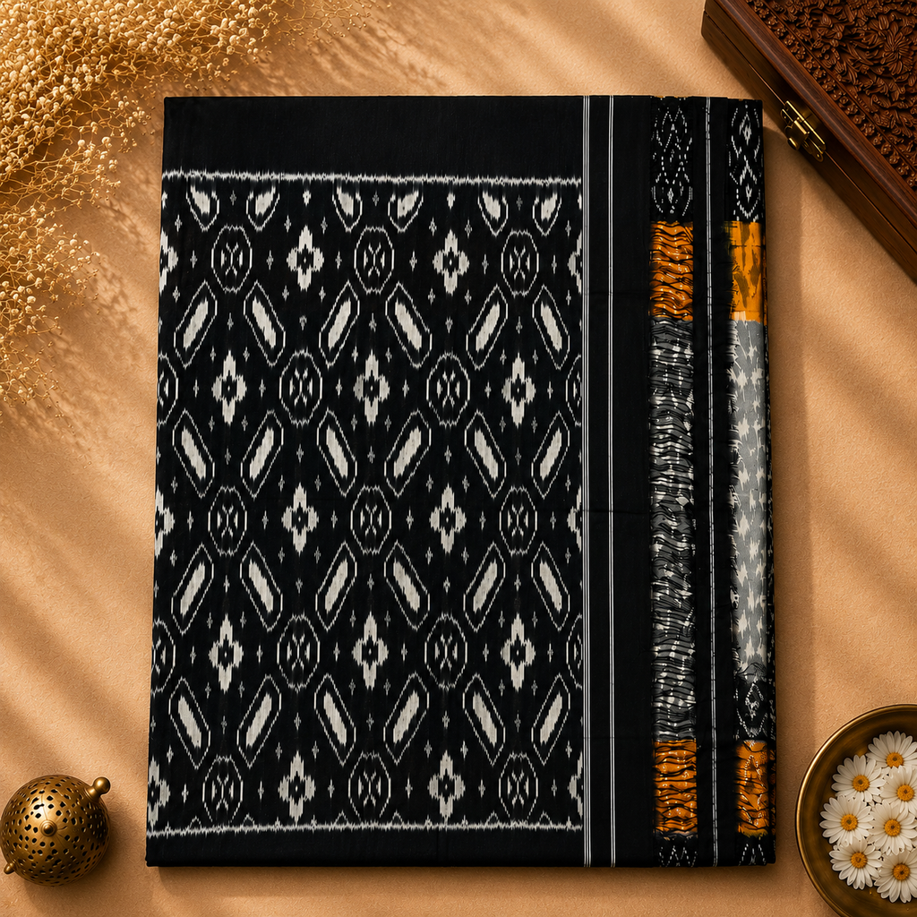 Pochampally Ikkat Cotton Saree – Charcoal Grey, Black & Mustard Yellow Handwoven Elegance