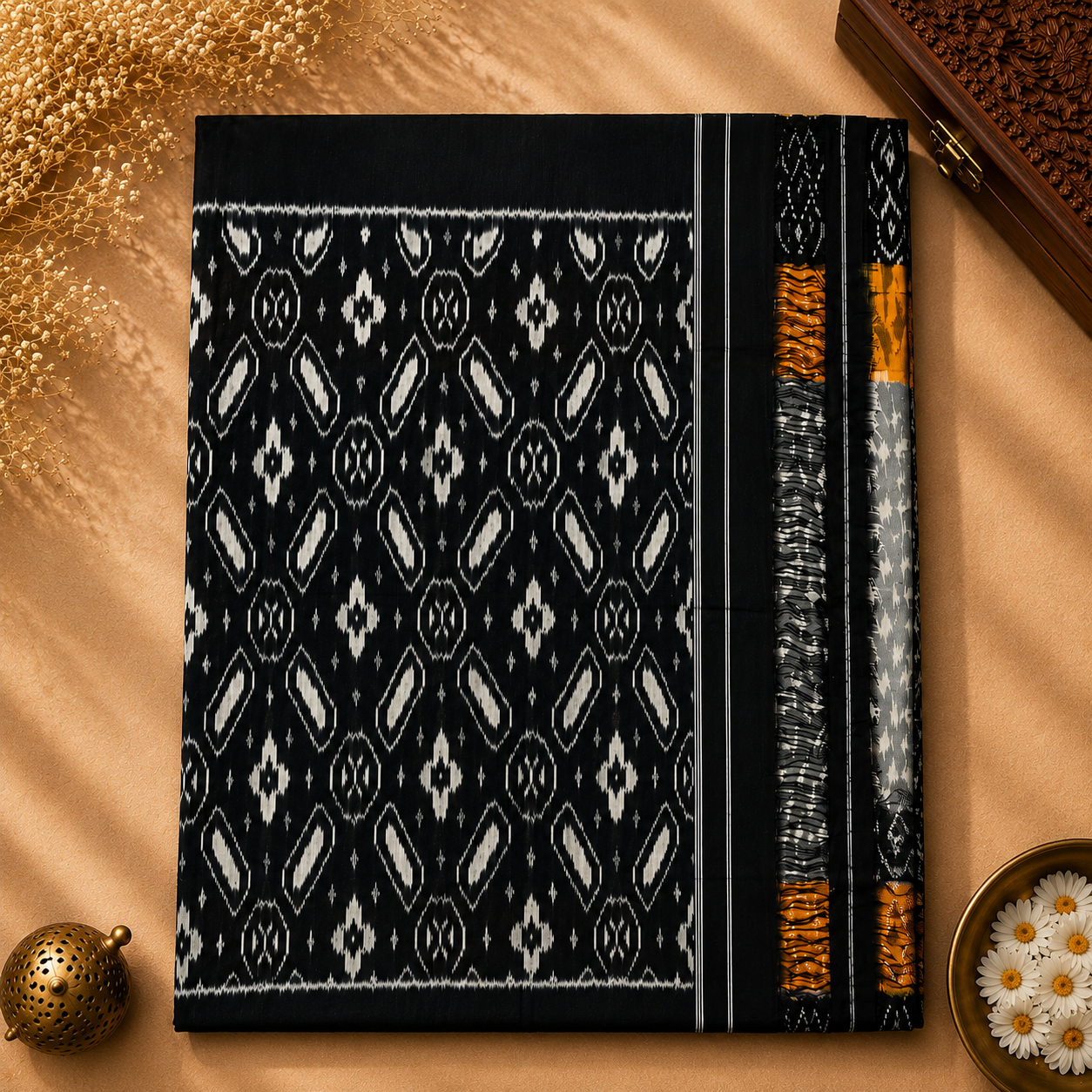 Pochampally Ikkat Cotton Saree – Charcoal Grey, Black & Mustard Yellow Handwoven Elegance