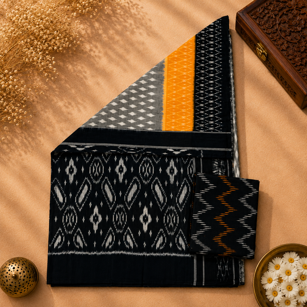 Pochampally Ikkat Cotton Saree – Charcoal Grey, Black & Mustard Yellow Handwoven Elegance