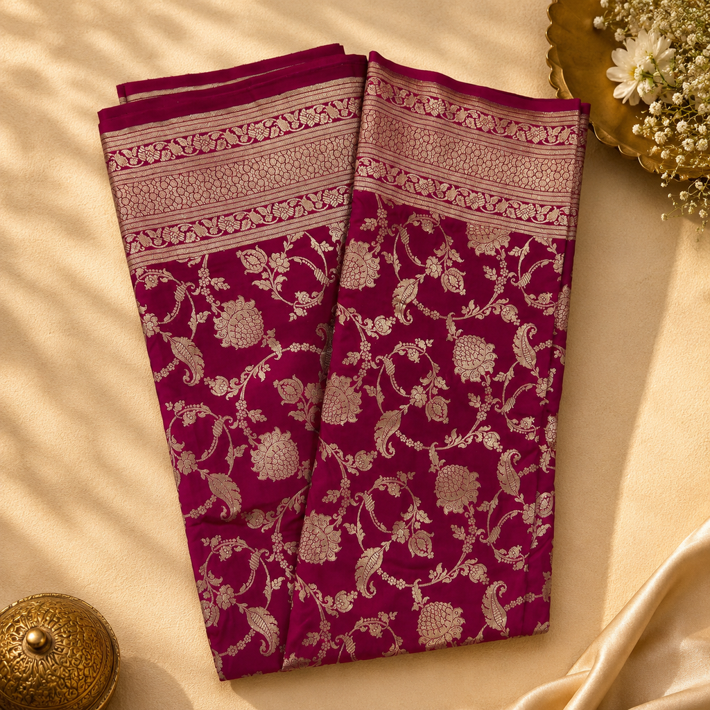 Gulabi Jaal Pure Banarasi Katan Silk Saree – Royal Magenta with Antique Gold Zari Floral Jaal