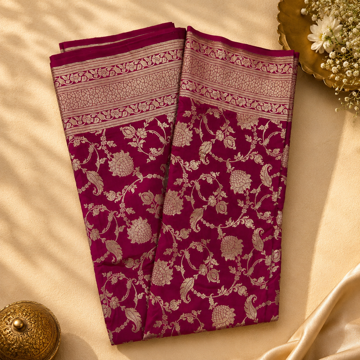 Gulabi Jaal Pure Banarasi Katan Silk Saree – Royal Magenta with Antique Gold Zari Floral Jaal