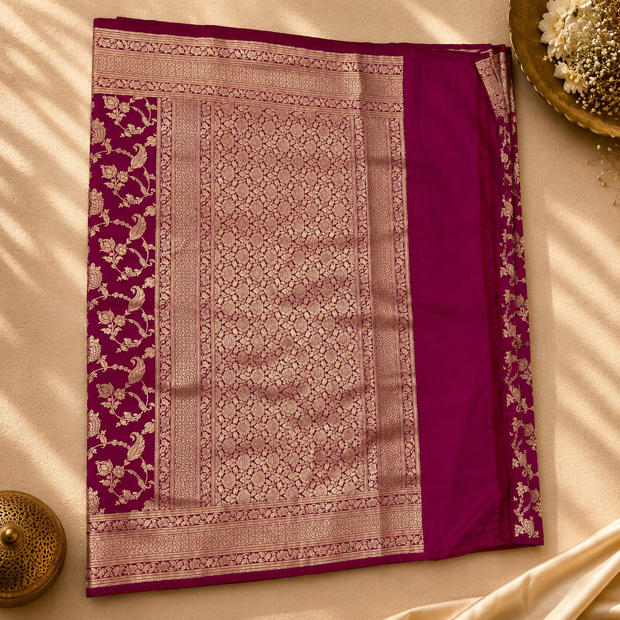 Gulabi Jaal Pure Banarasi Katan Silk Saree – Royal Magenta with Antique Gold Zari Floral Jaal