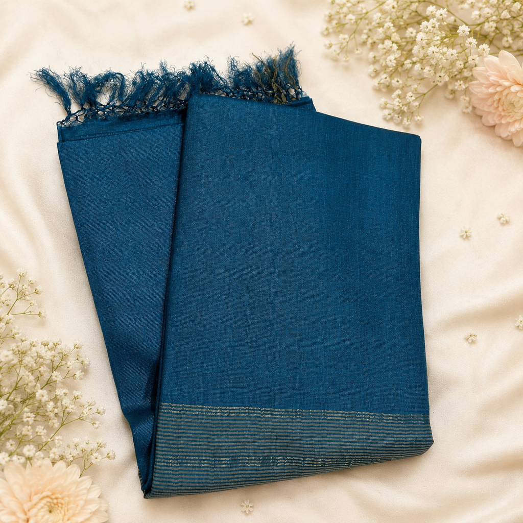 Midnight Bastar Pure Kosa Silk Saree – Deep Teal Blue Handwoven Elegance