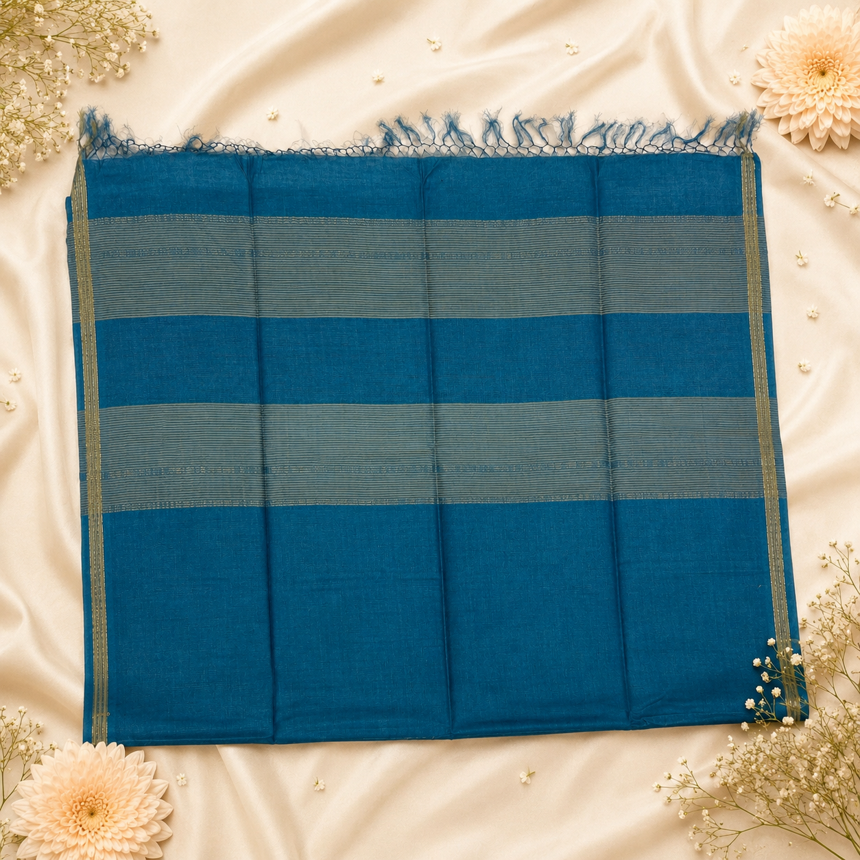 Midnight Bastar Pure Kosa Silk Saree – Deep Teal Blue Handwoven Elegance