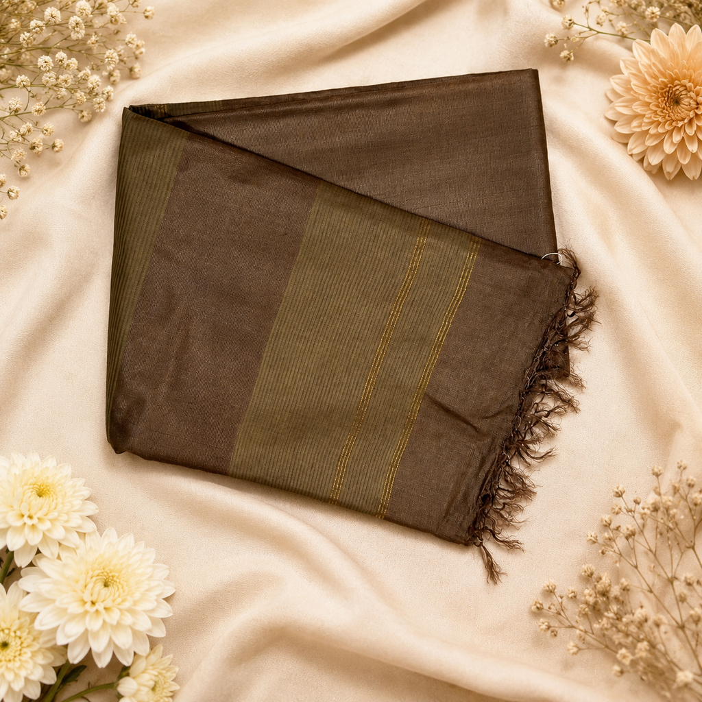 Kritika Solid Pure Kosa Silk Saree – Coffee Brown Handwoven Elegance