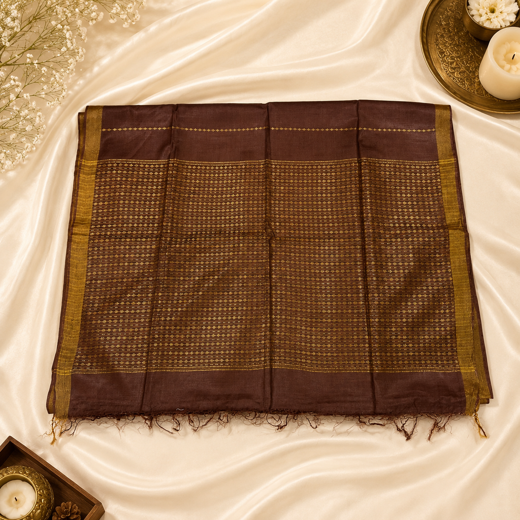 Mocha Aura Pure Tussar Silk Saree – Handwoven Coffee Brown Elegance