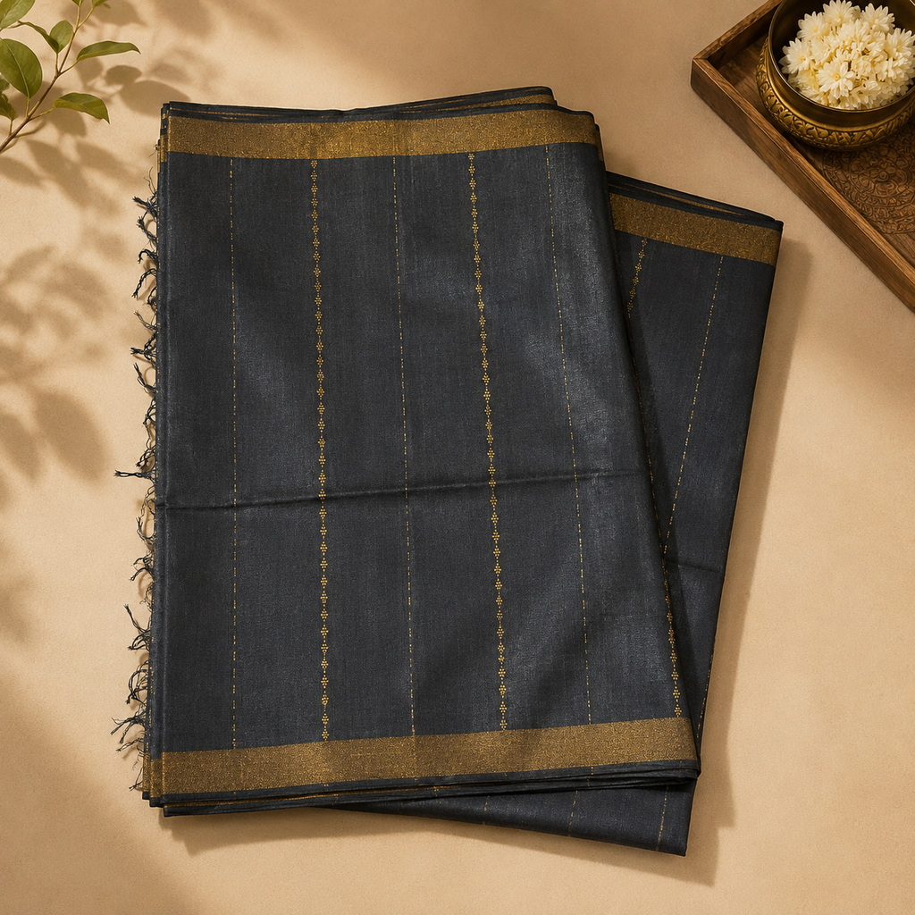 Slate Noir Pure Tussar Silk Saree – Charcoal Grey Handwoven Elegance