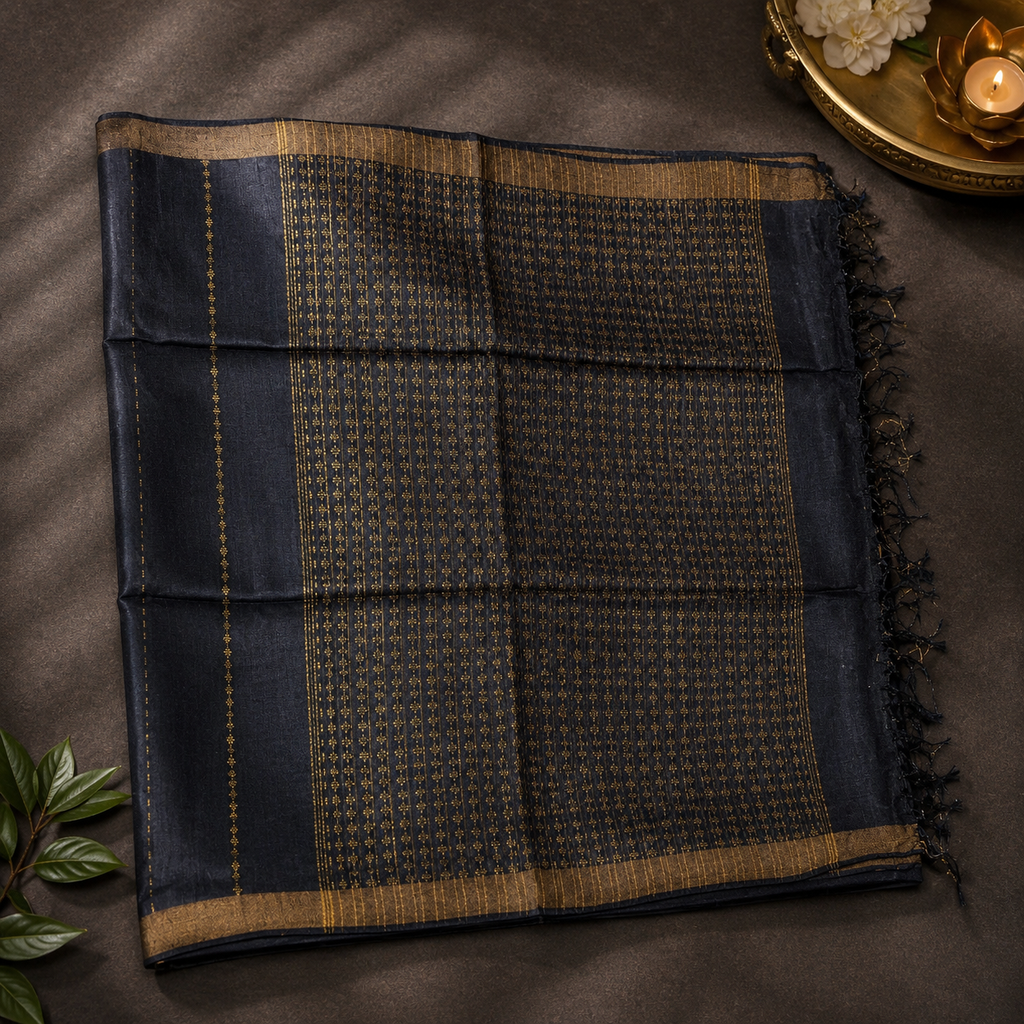 Slate Noir Pure Tussar Silk Saree – Charcoal Grey Handwoven Elegance