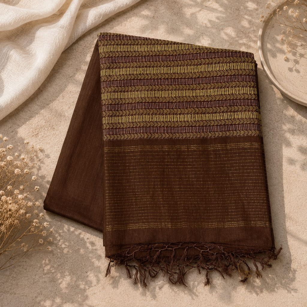 Earthwood Brown Pure Kosa Silk Saree