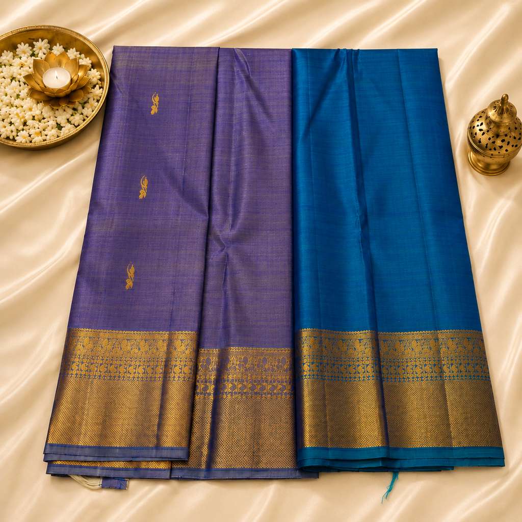 Amethyst Weave Pure Kanjivaram Silk Saree in Lavender & Peacock Blue