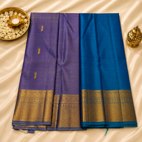Amethyst Weave Pure Kanjivaram Silk Saree in Lavender & Peacock Blue