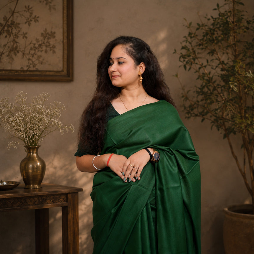 Anaya Emerald Handwoven Pure Kosa Silk Saree with Zari Pallu