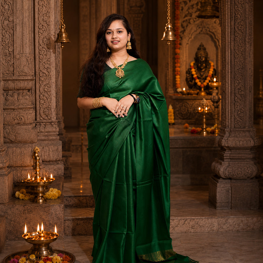 Anaya Emerald Handwoven Pure Kosa Silk Saree with Zari Pallu