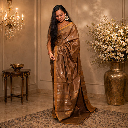 Antique Bronze Handwoven Pure Kosa Silk Saree with Geometric Zari Pallu