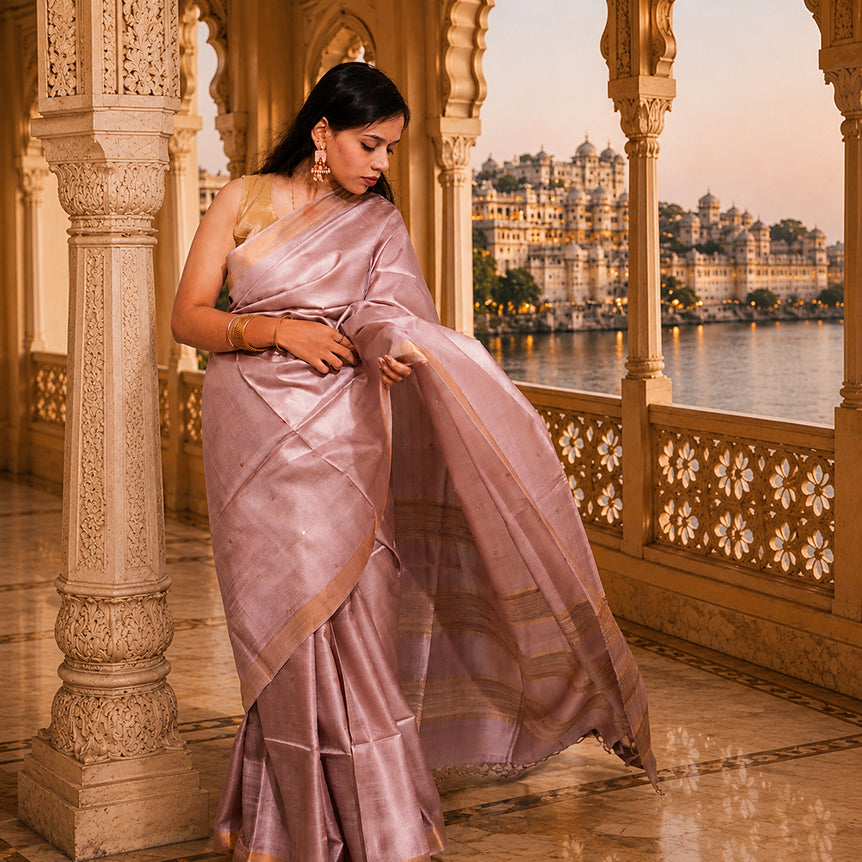 Antique Bronze Handwoven Pure Tassar Silk Saree with Subtle Zari Borders